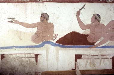 Griechische Malerei aus dem Grab des Tauchers, Paestum, 480 v. Chr. Bankettszene. Symposiumsszene, Italien